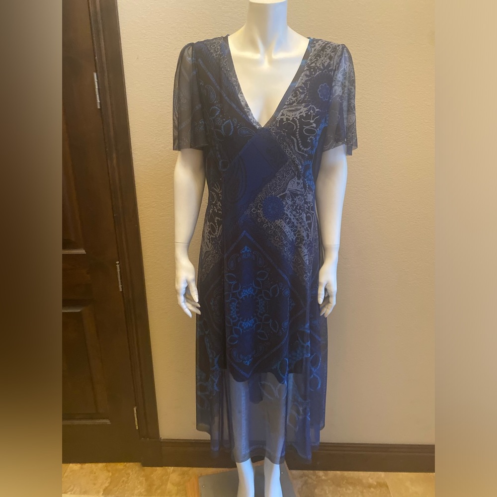 Desigual navy blue black v neckline midi mesh dress casual stretchy large